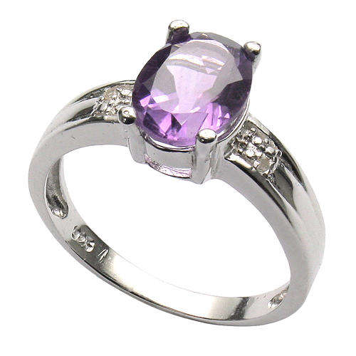 PRECIOUS 7x9 MM OVAL 1.7 CT AMETHYST & 2 PCS WHITE DIAMOND IN 0.925 STERLING SILVER W/ PLATINUM RING