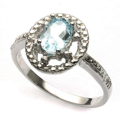 CHARMING SKY BLUE AQUAMARINE & DOUBLE WHITE DIAMOND 0.925 STERLING SILVER W/ PLATINUM RING