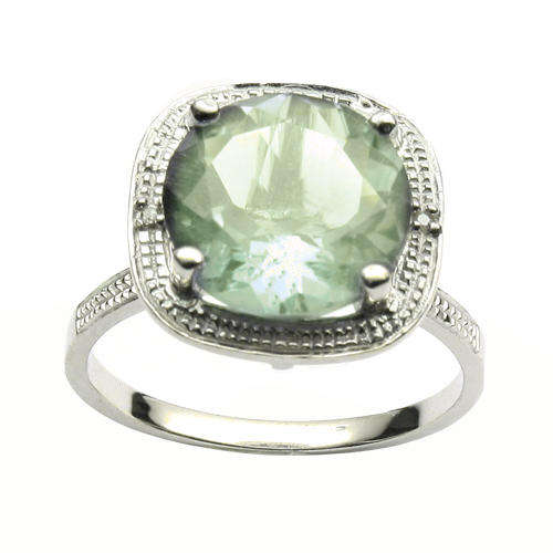 NICE 6 CT GREEN AMETHYST & 2 PCS WHITE DIAMOND 0.925 STERLING SILVER W/ PLATINUM RING SIZE 7