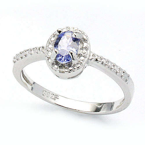 SPECTACULAR 6X4MM OVAL TANZANITE & 2 PCS WHITE DIAMOND IN 0.925 STERLING SILVER W/ PLATINUM RING