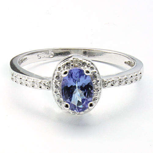 CHARMING! GENUINE BLUE TANZANITE GENUINE & WHITE DIAMOND 0.925 STERLING SILVER W/ PLATINUM RING 