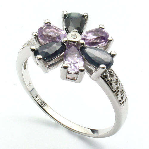 FLOWERY 3 PAIRS OF 3X5MM AMETHYST & SAPPHIRE, 1PC WHITE DIAMOND IN 0.925 STERLING SILVER RING SIZE 7