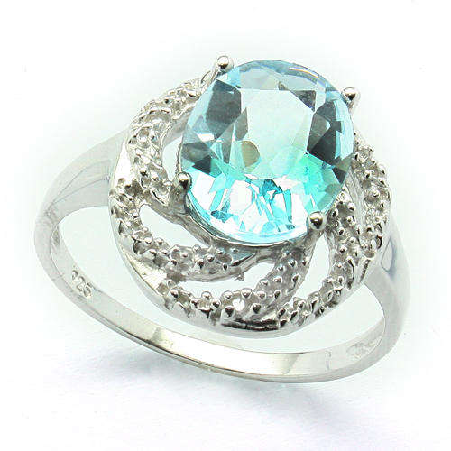 NEW 10X8MM 3.16CT BLUE TOPAZ & 2 PCS WHITE DIAMOND 0.925 STERLING SILVER W/ PLATINUM RING