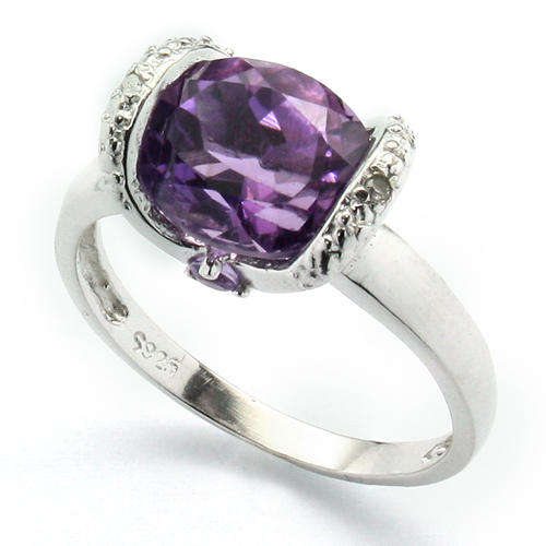 FANCY 8X10MM AMETHYST & 2 PCS WHITE DIAMONDS 0.925 STERLING SILVER RING