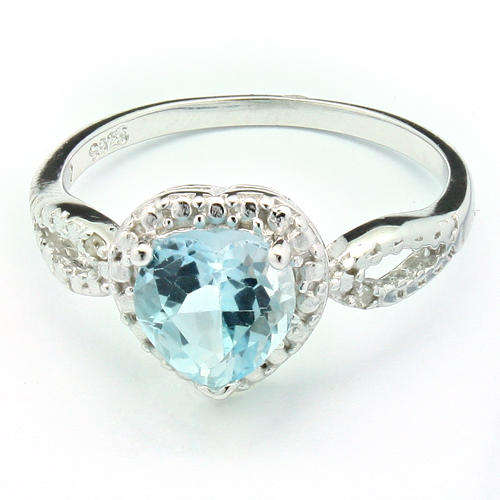 LOVELY HEART SHAPE BLUE TOPAZ & 2 PCS WHITE DIAMOND 0.925 STERLING SILVER W/ PLATINUM RING