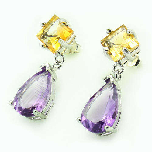 STUNNING 13X9MM AMETHYST & 7MM CITRINE & STERLING SILVER W/ PLATINUM EARRINGS