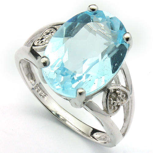 GORGEOUS 14X10MM OVAL BLUE TOPAZ & DOUBLE WHITE DIAMOND 0.925 STERLING SILVER W/ PLATINUM RING