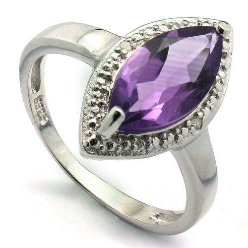 GRAND 12X6MM MARQUISE AMETHYST & A PAIR OF WHITE DIAMOND IN 0.925 STERLING SILVER W/ PLATINUM RING