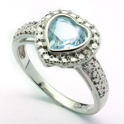 7MM HEART SHAPE BLUE TOPAZ AND 2 PCS DIAMOND 925 SILVER RING