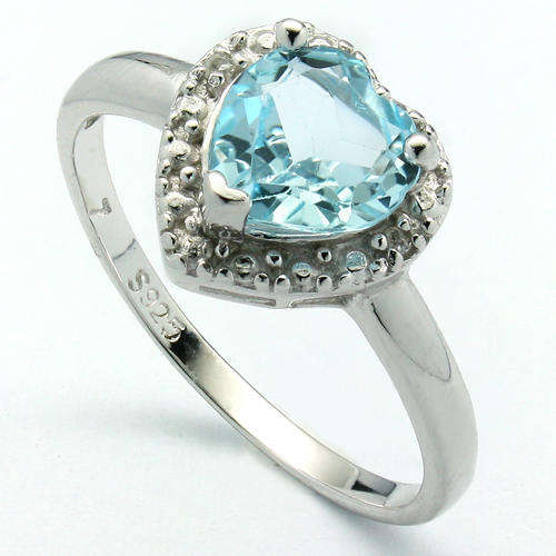 PRETTY HEART 7MM BLUE TOPAZ & 2 PCS WHITE DIAMONDS 0.925 STERLING SILVER RING