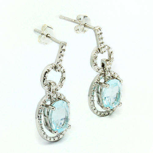 PRETTY 2.82 CARAT BLUE TOPAZ & 2 PCS WHITE DIAMOND 0.925 STERLING SILVER W/ PLATINUM EARRINGS