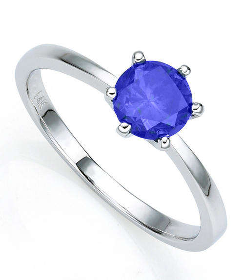 EXCELLENT ROUND TANZANITE SOLITARE RING IN SOLID 14KT WHITE GOLD