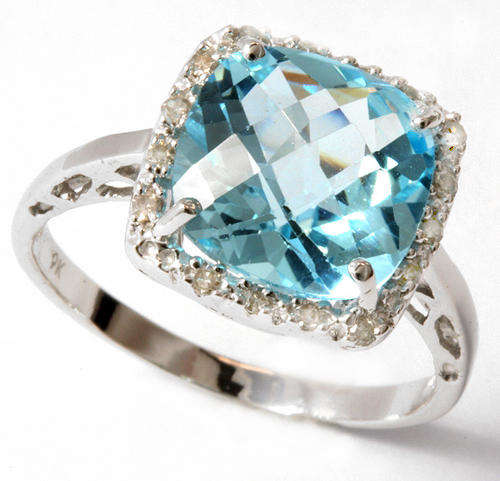 RARE 9KT WHITE GOLD GENUINE BLUE TOPAZ AND DIAMOND RING