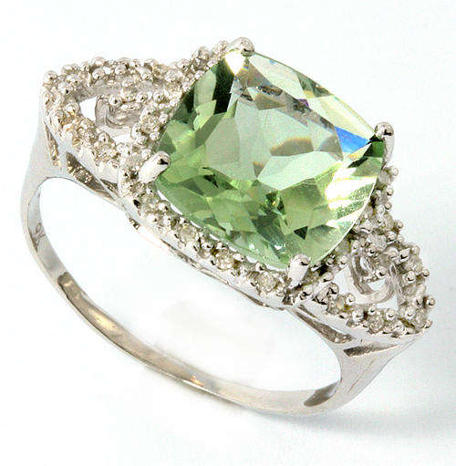 NEW! 9KT SOLID WHITE GOLD GENUINE GREEN AMETHYST AND DIAMOND RING