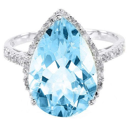 LOVELY STERLING SILVER TEAR CUT GENUINE BLUE TOPAZ & DIAMOND RING