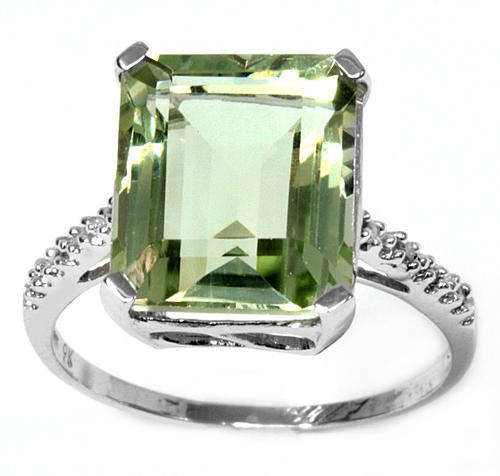 NEW!! SOLID 9KT WHITE GOLD GENUINE GREEN AMETHYST AND DIAMOND RING