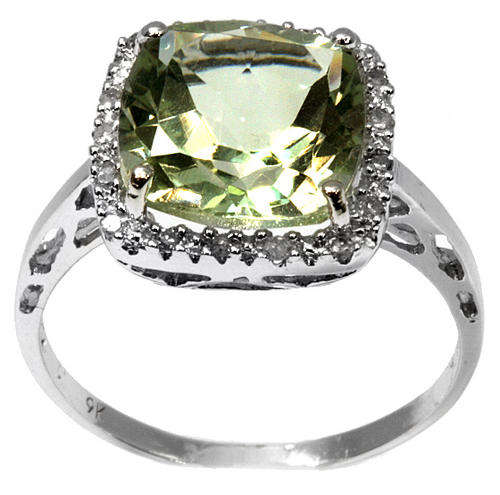 GREAT SOLID 9KT WHITE GOLD GENUINE GREEN AMETHYST AND DIAMOND RING