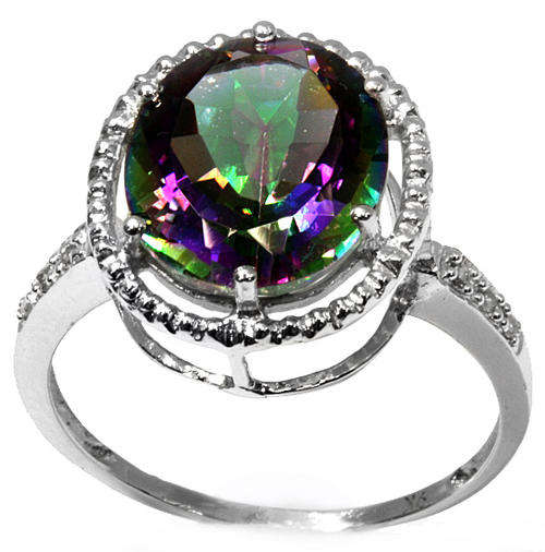 FINE SOLID 9KT WHITE GOLD MYSTIC TOPAZ & DIAMOND RING