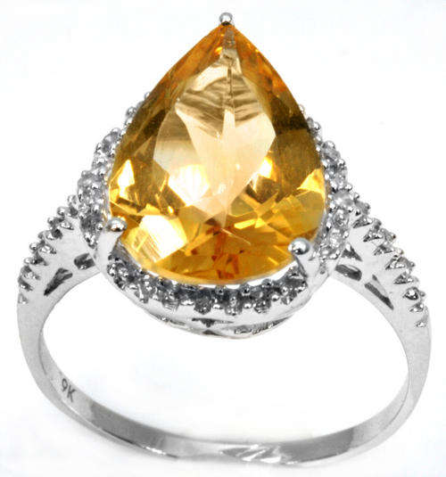 SOLID 9KT WHITE GOLD TEAR CUT GENUINE CITRINE & DIAMOND RING