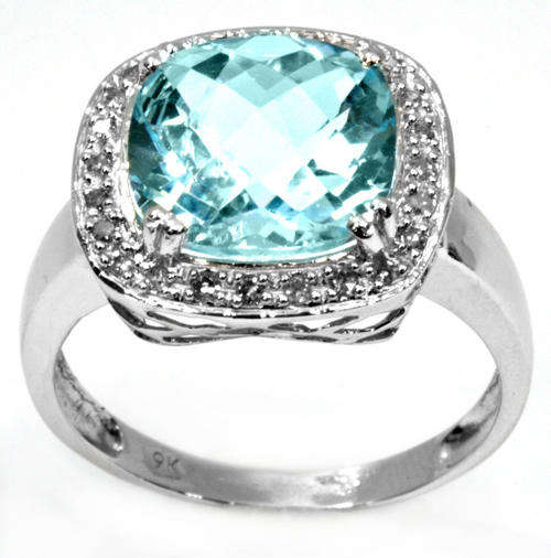 SOLID 9KT WHITE GOLD GENUINE BLUE TOPAZ AND DIAMOND RING
