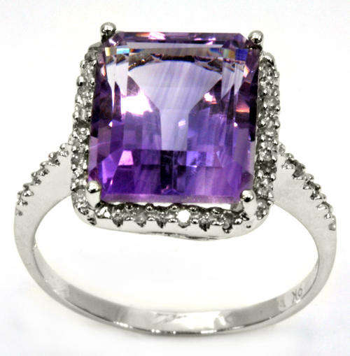 FINE SOLID 9K WHITE GOLD 4CT REAL AMETHYST & DIAMOND RING