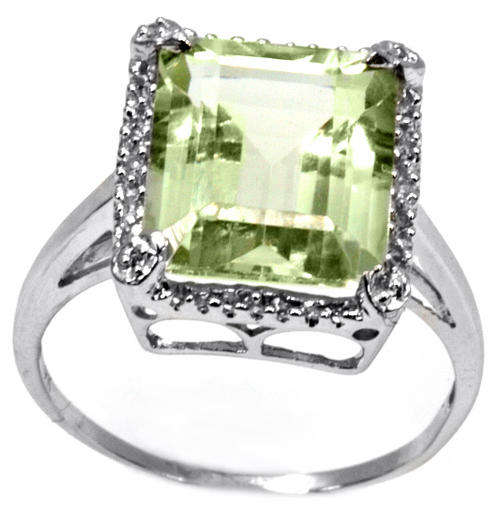 NEW! 9KT SOLID WHITE GOLD REAL GREEN AMETHYST AND DIAMOND RING