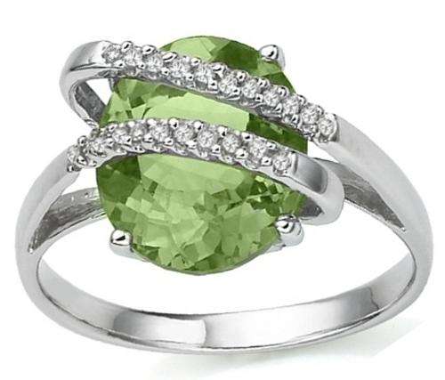 SOLID 9KT WHITE GOLD GENUINE GREEN AMETHYST AND DIAMOND RING