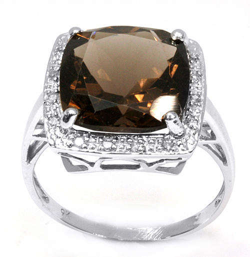 TOP QUALITY SOLID 9KT WHITE GOLD GENUINE SMOCKY QUARTZ & DIAMOND RING