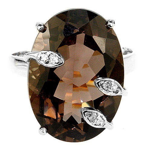BEAUTIFUL SOLID 9KT WHITE GOLD GENUINE SMOCKY QUARTZ AND DIAMOND RING