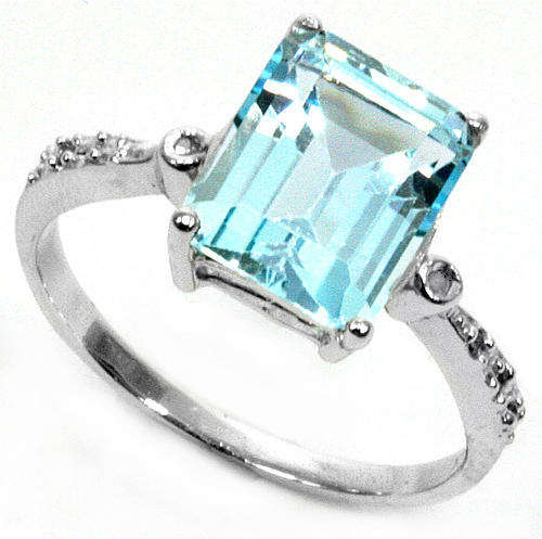 FINE SOLID 9KT WHITE GOLD GENUINE BLUE TOPAZ  AND DIAMOND RING