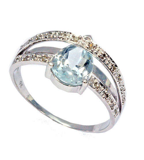 SOLID 9K WHITE GOLD TEAR CUT GENUINE AQUAMARINE AND DIAMOND RING