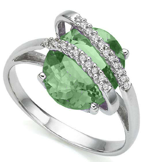 SOLID 9KT WHITE GOLD GENUINE GREEN AMETHYST AND DIAMOND RING