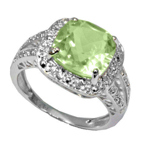 SOLID 9KT WHITE GOLD GENUINE GREEN AMETHYST & DIAMOND RING