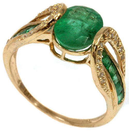 SOLID 14KT YELLOW GOLD GENUINE EMERALD AND DIAMOND RING