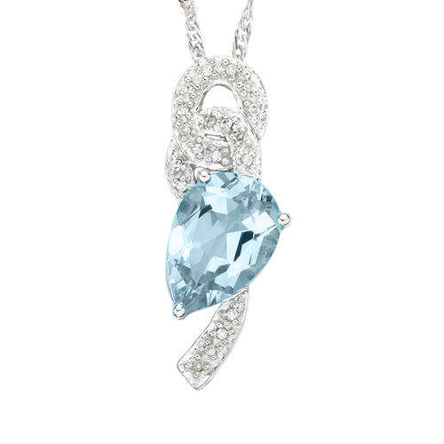 FINE GENUINE AQUAMARINE AND DIAMOND PENDANT IN SOLID 9KT WHITE GOLD
