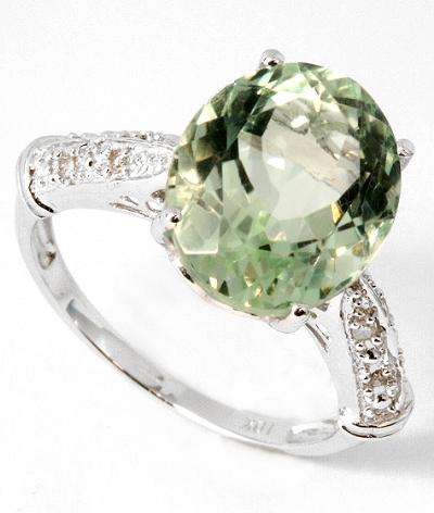 SOLID 10KT WHITE GOLD 6 CARAT OVAL GENUINE GREEN AMETHYST & DIAMOND RING