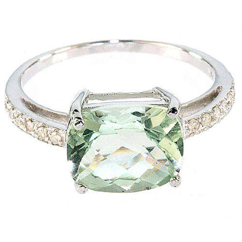 NEW 9KT WHITE GOLD GENUINE GREEN AMETHYST AND DIAMOND RING
