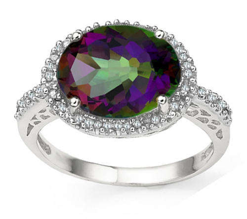 SPARKLING! 4.54 CT MYSTIC TOPAZ W/ 28 PCS GENUINE DIAMONDS STERLING SILVER W/ PLATINUM RING