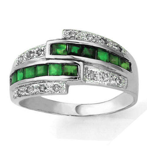 STERLING SILVER GENUINE EMERALD & DIAMOND RING