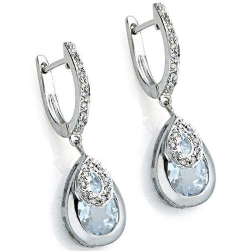 GENUINE AQUAMARINE AND DIAMOND EARRINGS 925 STERLING SILVER