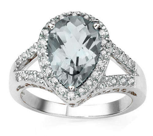 PEAR SHAPE AQUAMARINE W/32 PCS GENUINE DIAMONDS STERLING SILVER RING