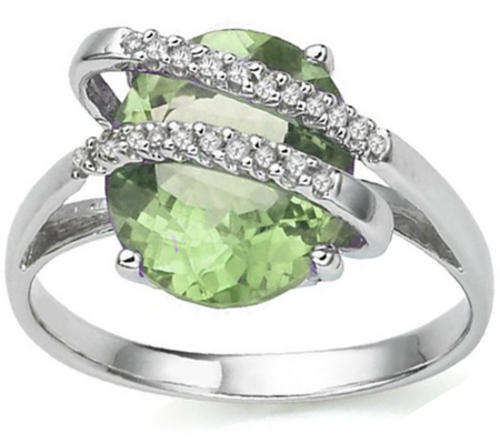 SOLID 9KT WHITE GOLD GENUINE GREEN AMETHYST AND DIAMOND RING