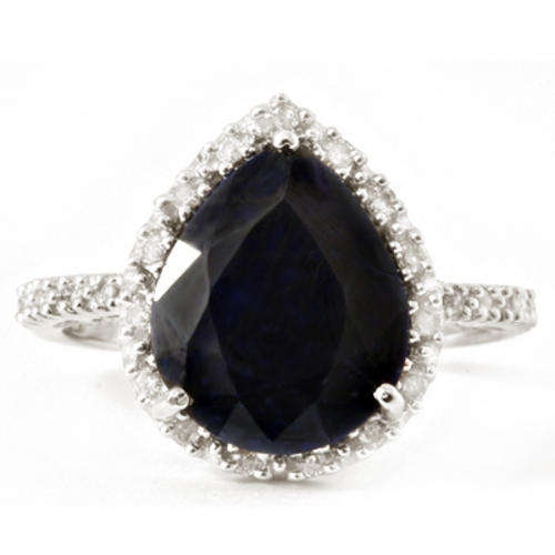 SOLID 9K WHITE GOLD TEAR CUT GENUINE BLACK SAPPHIRE & DIAMOND RING
