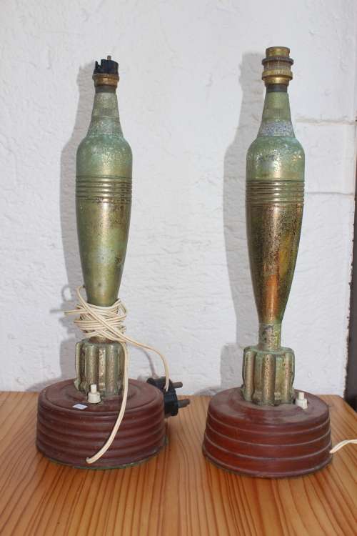 Pair of WW Trench art Mortar Shell Desk lamps on hand turned teak bases +-42cm tall x 12.5cm wide