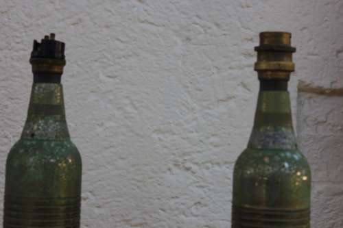 Pair of WW Trench art Mortar Shell Desk lamps on hand turned teak bases +-42cm tall x 12.5cm wide