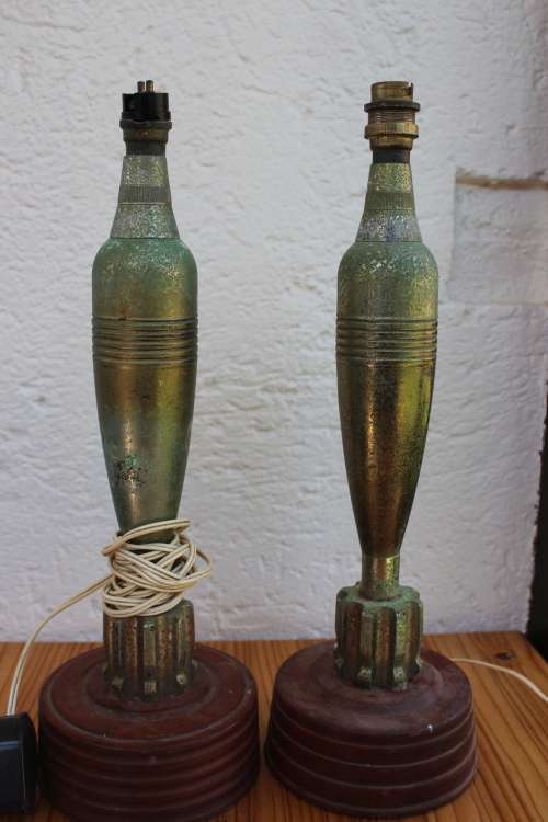 Pair of WW Trench art Mortar Shell Desk lamps on hand turned teak bases +-42cm tall x 12.5cm wide