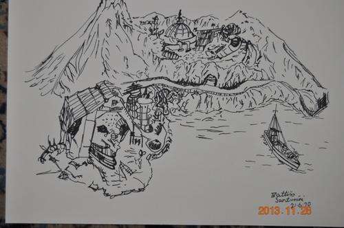 CRAZY START R1 !!!! ORIGINAL INK DRAWING BY WALTER BATTISS ''SANTORINI''