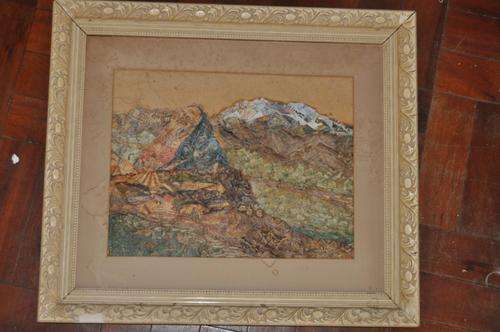 UNUSUAL FRAMED COLLAGE,MADE OF STAMPS,SIGNED BY ARTIST