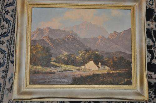 AMAZING OIL ON BOARD BY ANTON STRAUSS-COTTAGE AND MOUNTAIN LANDSCAPE,GREAT VALUE!!!!