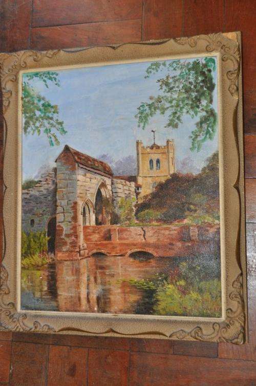 AMAZING OIL ON BOARD BY CARNELL-SCENE WITH CASTLE AND RIVER